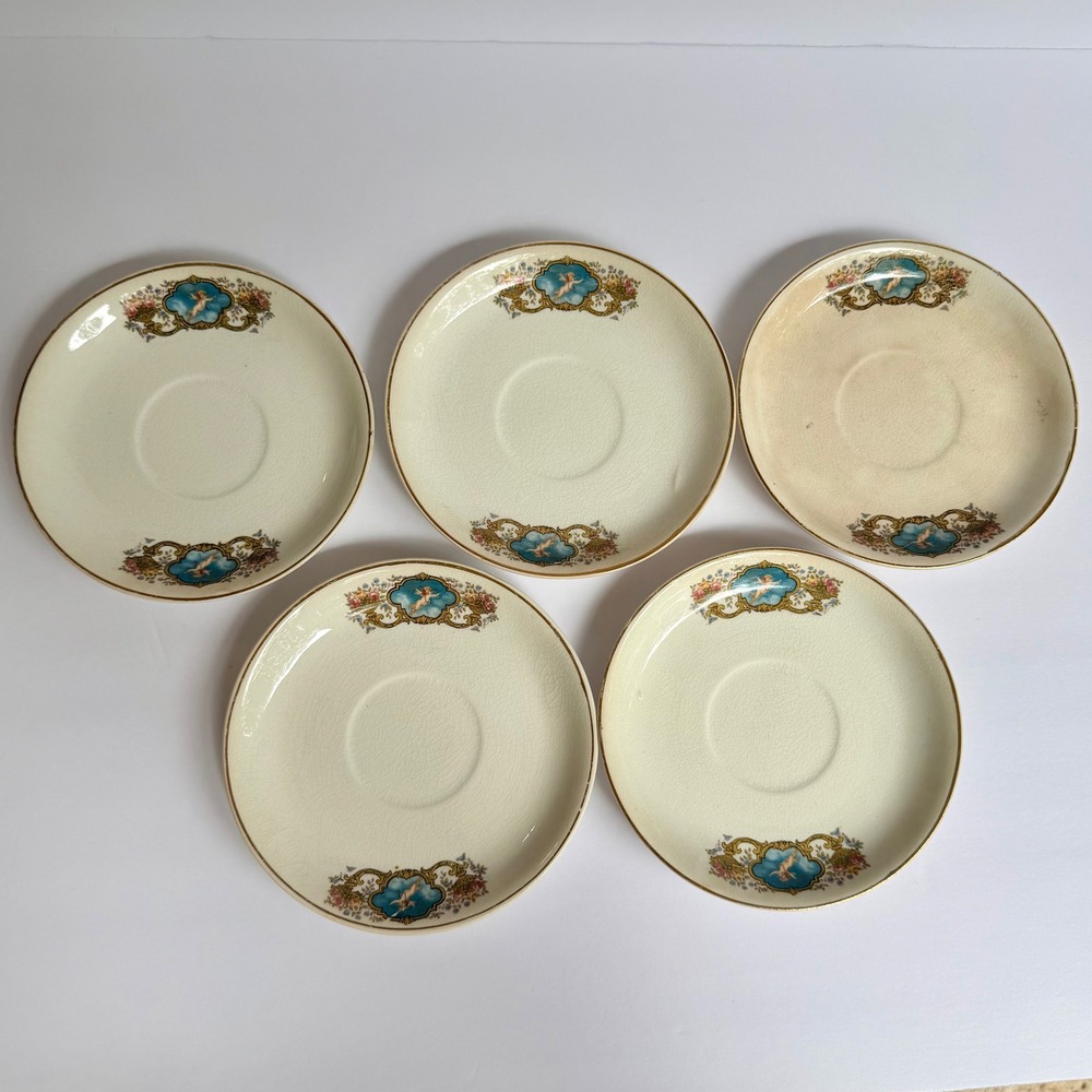 Vintage Albritta China Cherub Floral Saucers Set of 5 Gold Gilt Rim 5.5 Inch